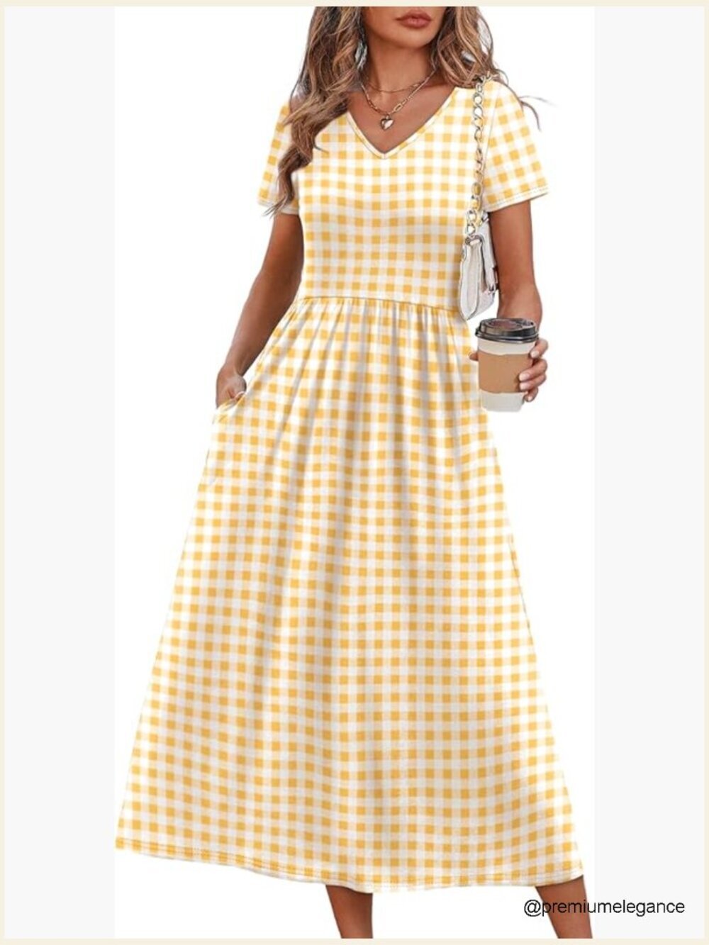 Flowy A-Line Midi Dress with Pockets V-Neck Short Sleeve Beach Vacation S-2XL